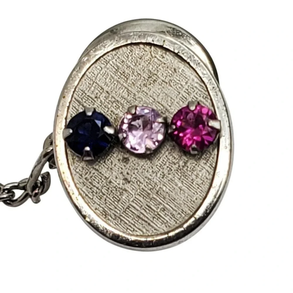Sterling Silver Oval Tie Tack Blue Pink Purple Vintage Mens 1960s Lapel Pin Tac